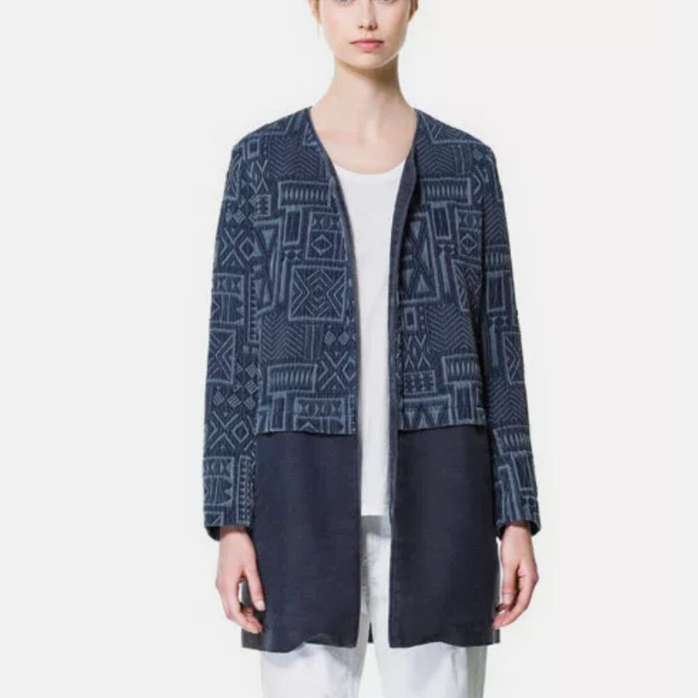 Zara Aztec Jacquard Duster Jacket Large Blue Open Textured Cotton Linen Womens‎
